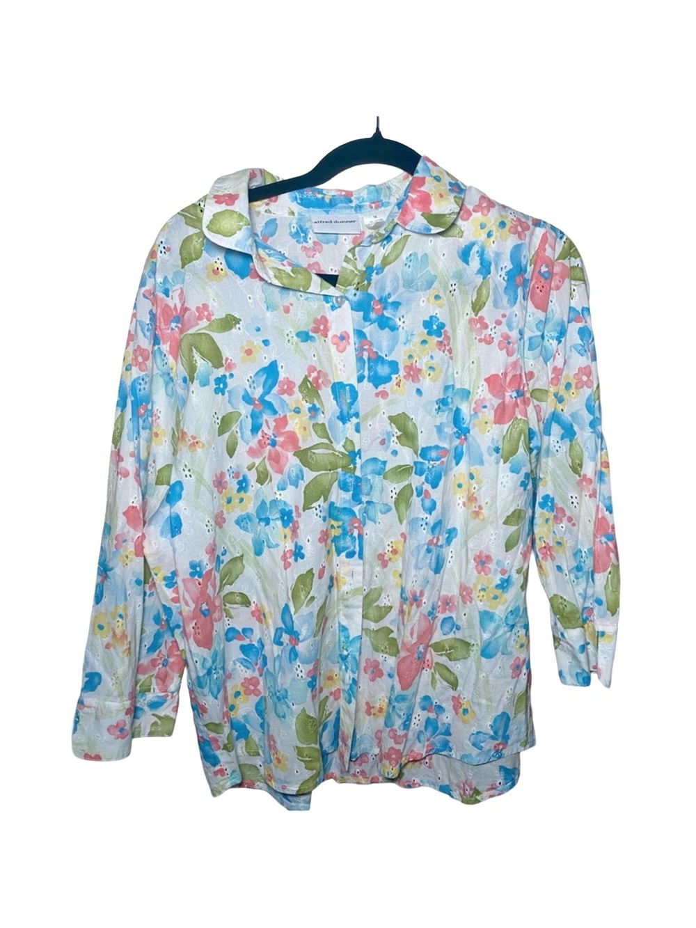 Alfred‎ Dunner Womens White Floral Collared Cotton Loose Eyelet Size 16